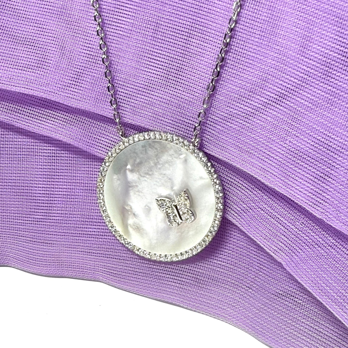 Round butterfly necklace real Mother Of Pearl sterling silver pendant