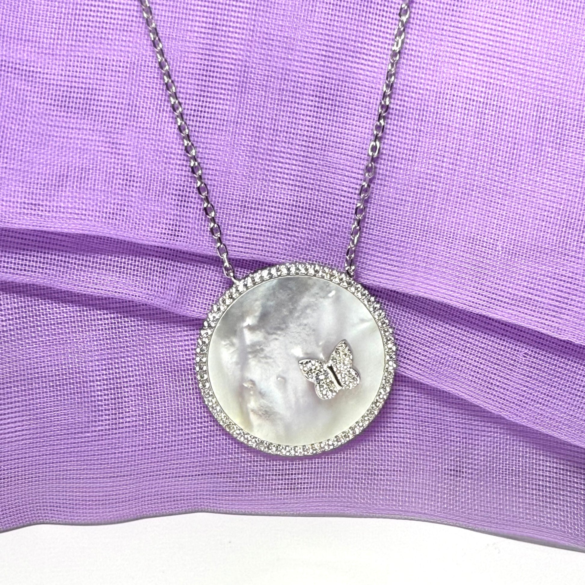 Round butterfly necklace real Mother Of Pearl sterling silver pendant with chain