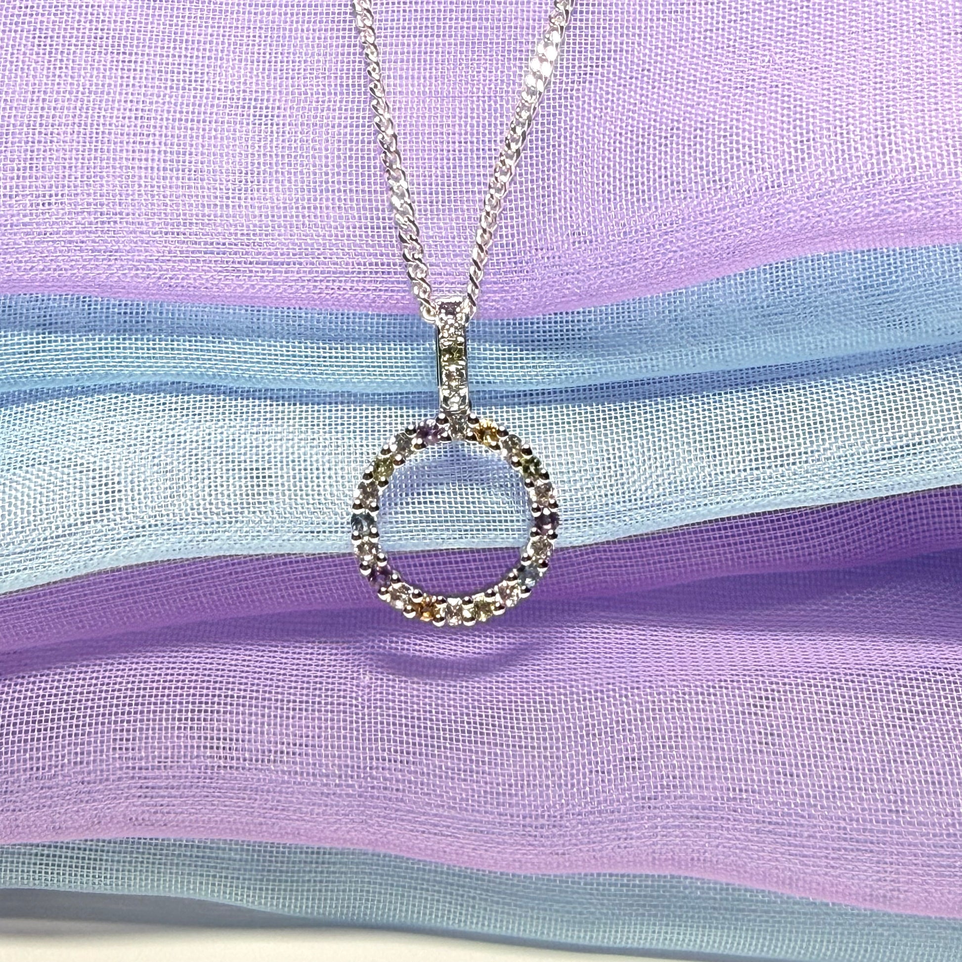 Round circle necklace with real amethyst, real peridot, real blue topaz, real citrine and cubic zirconia