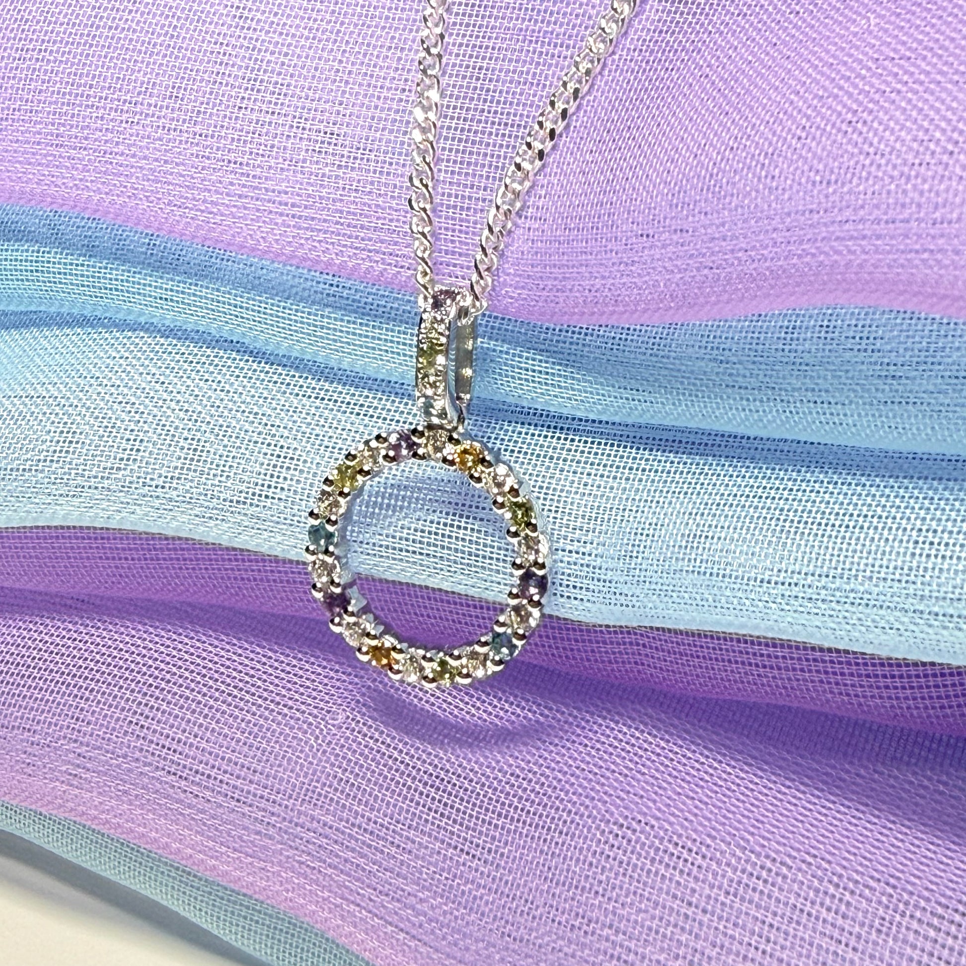 Round circle necklace with real amethyst, real peridot, real blue topaz, real citrine and cubic zirconia