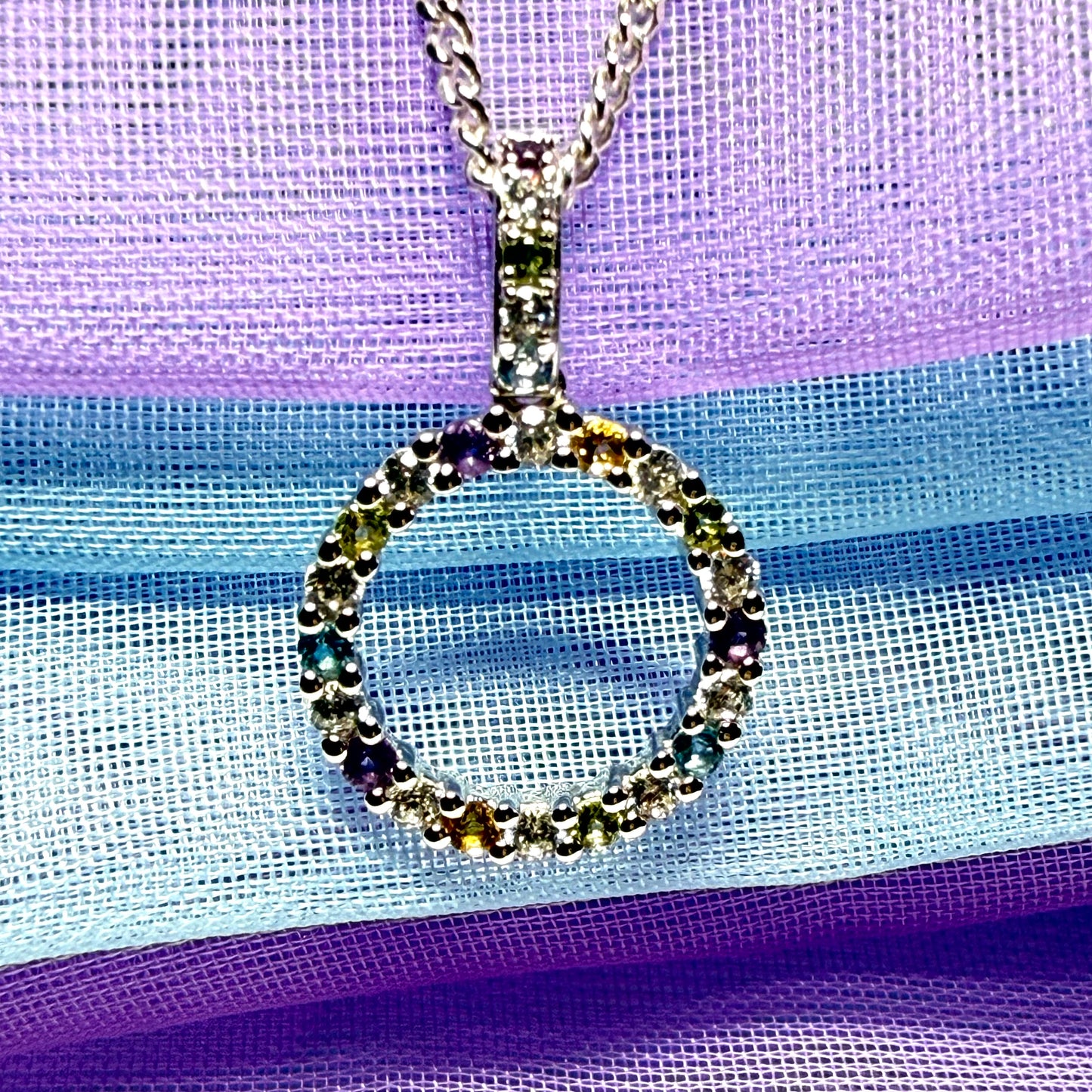 Round circle necklace with real amethyst, real peridot, real blue topaz, real citrine and cubic zirconia
