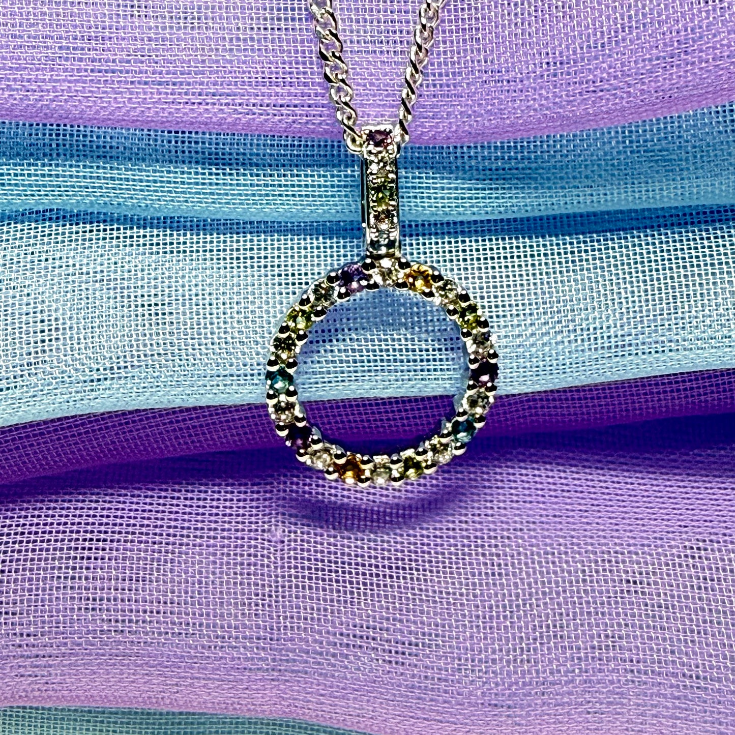 Round circle necklace with real amethyst, real peridot, real blue topaz, real citrine and cubic zirconia