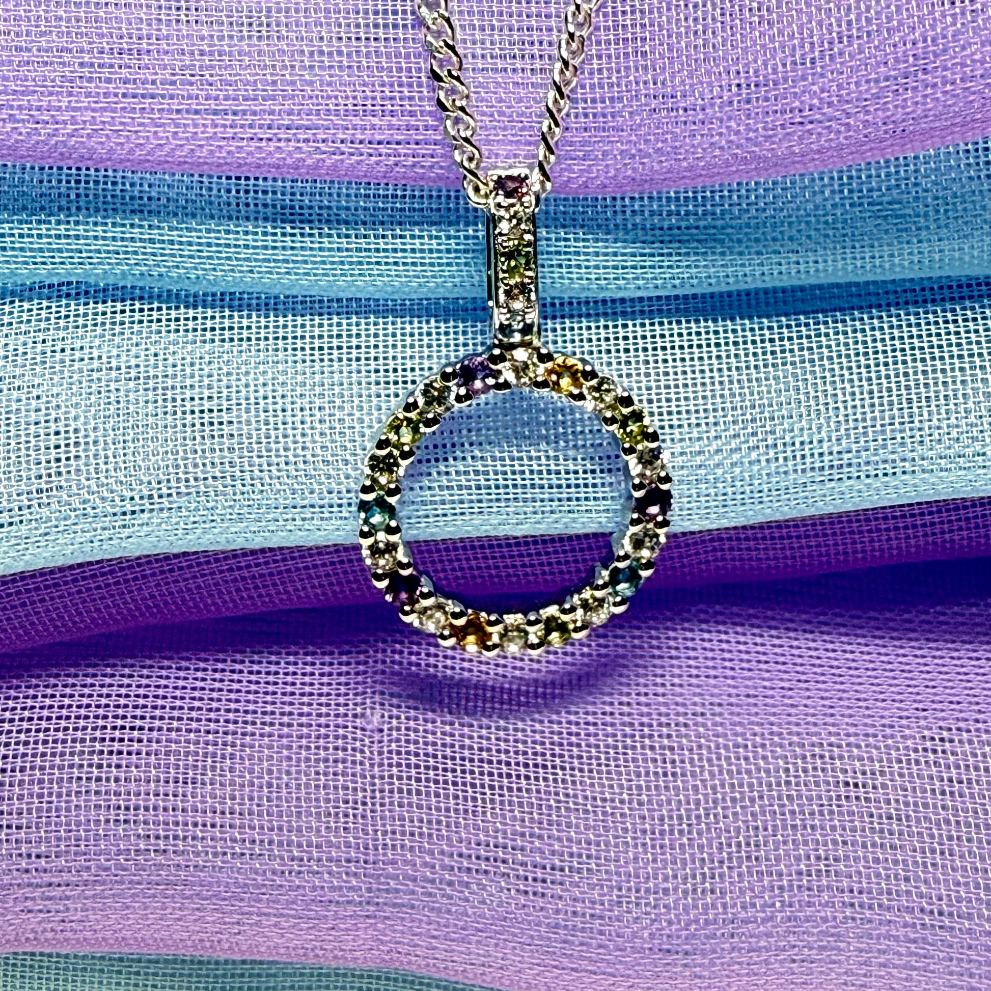 Round circle necklace with real amethyst, real peridot, real blue topaz, real citrine and cubic zirconia