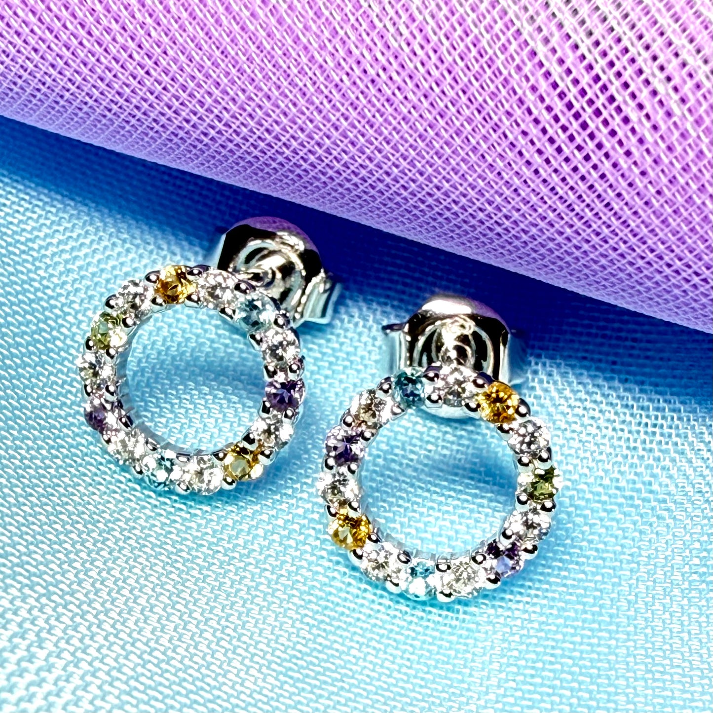 Round circle stud earrings with real amethyst, real peridot, real blue topaz, real citrine and cubic zirconia sterling silver