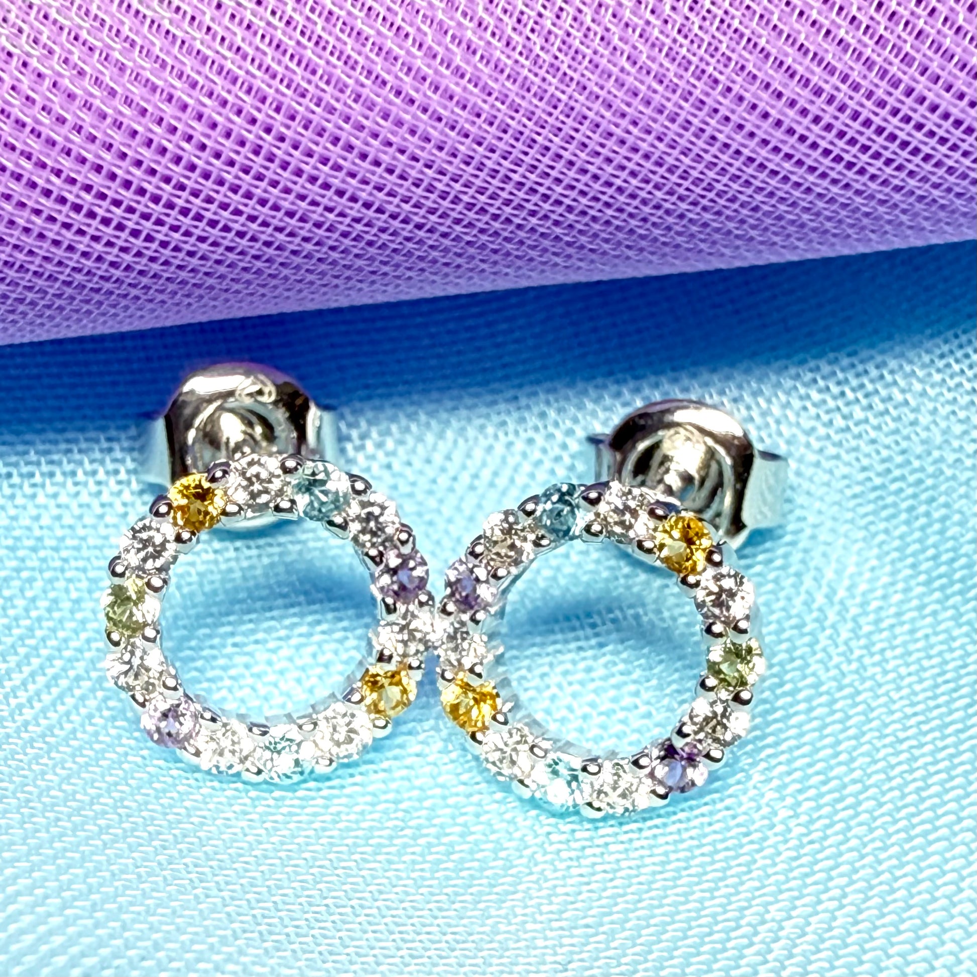 Round circle stud earrings with real amethyst, real peridot, real blue topaz, real citrine and cubic zirconia sterling silver