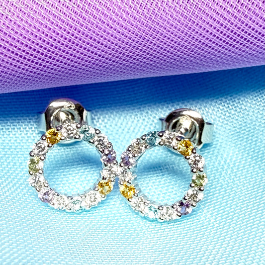 Round circle stud earrings with real amethyst, real peridot, real blue topaz, real citrine and cubic zirconia sterling silver