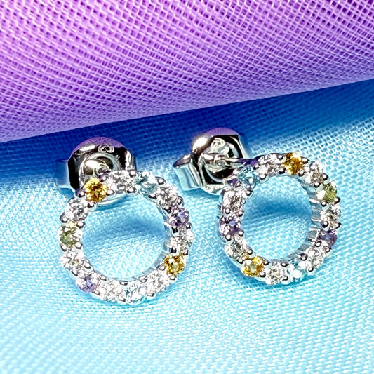 Round circle stud earrings with real amethyst, real peridot, real blue topaz, real citrine and cubic zirconia sterling silver