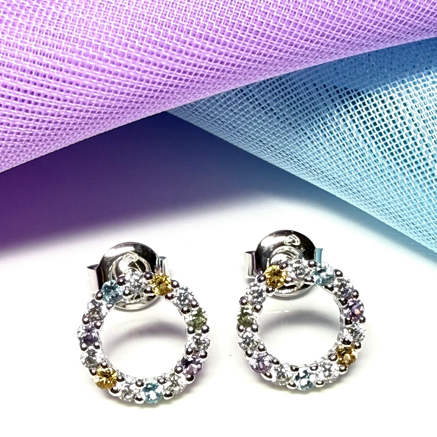 Round circle stud earrings with real amethyst, real peridot, real blue topaz, real citrine and cubic zirconia sterling silver