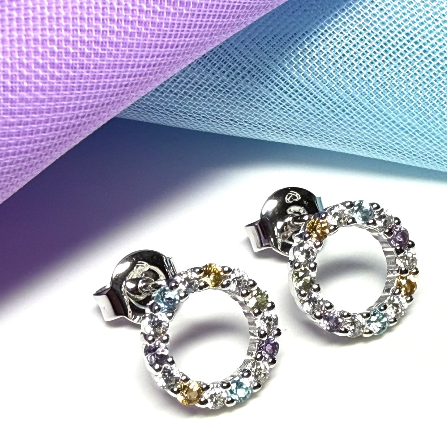 Round circle stud earrings with real amethyst, real peridot, real blue topaz, real citrine and cubic zirconia sterling silver