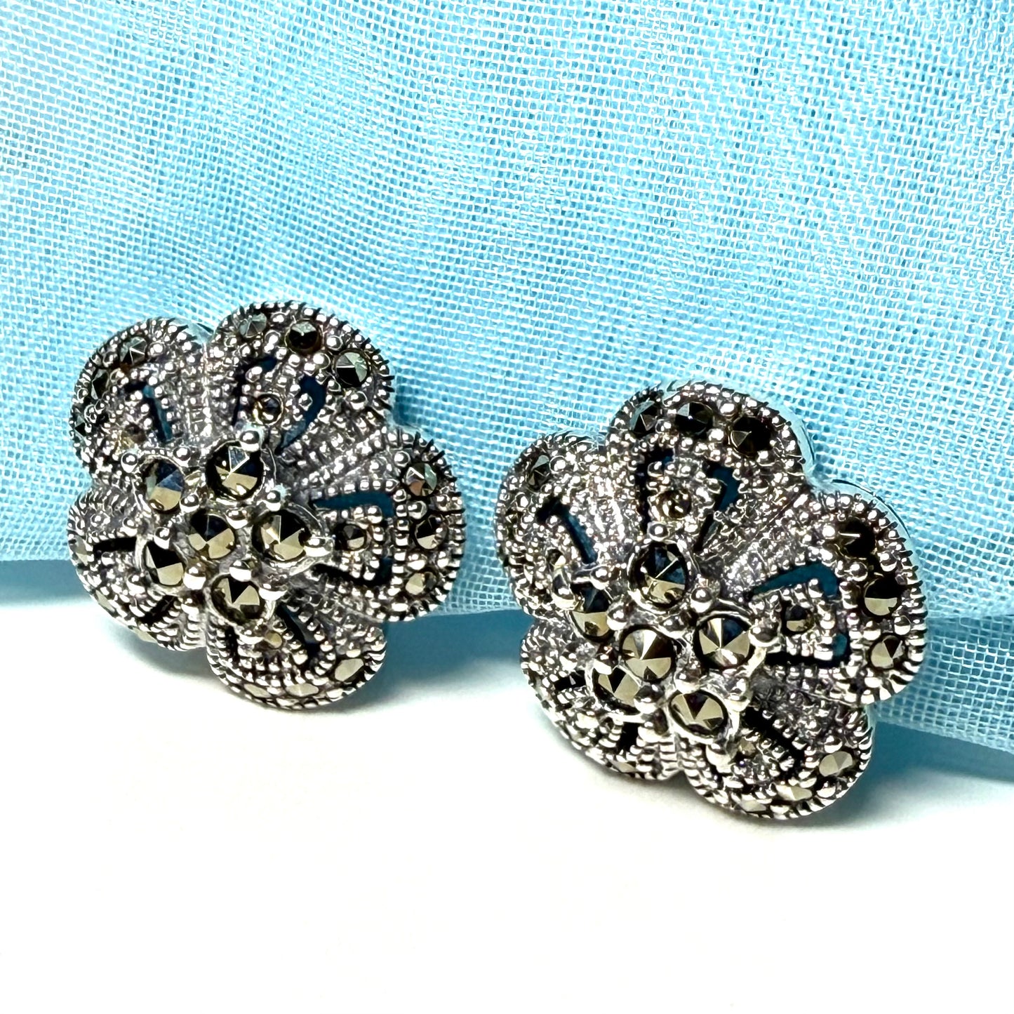 Round clip on earrings with marcasite sterling silver