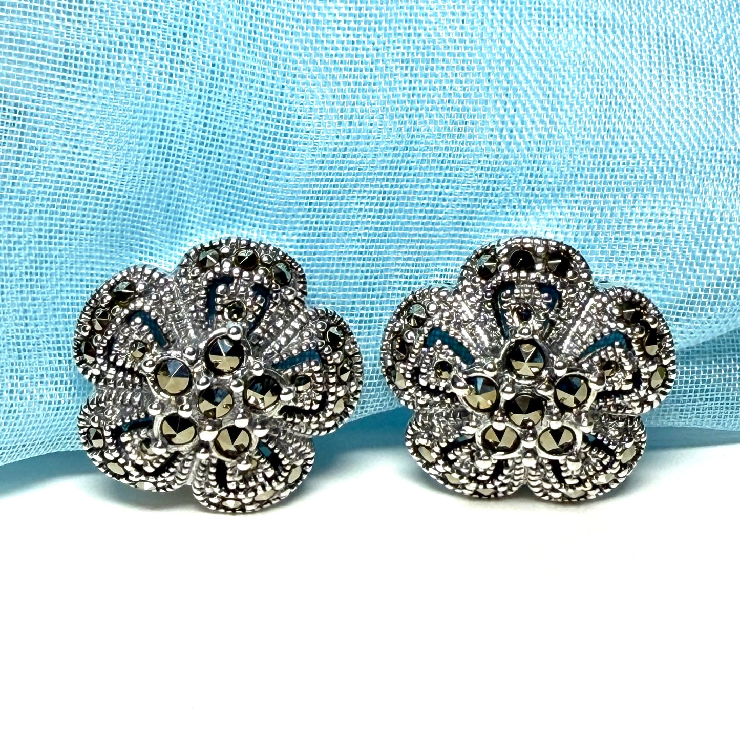 Round clip on earrings with marcasite sterling silver