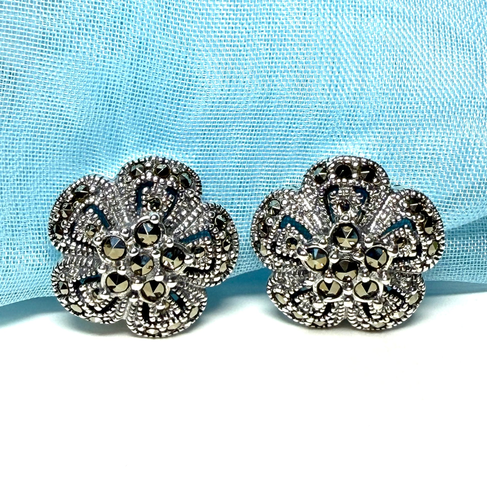 Round clip on earrings with marcasite sterling silver