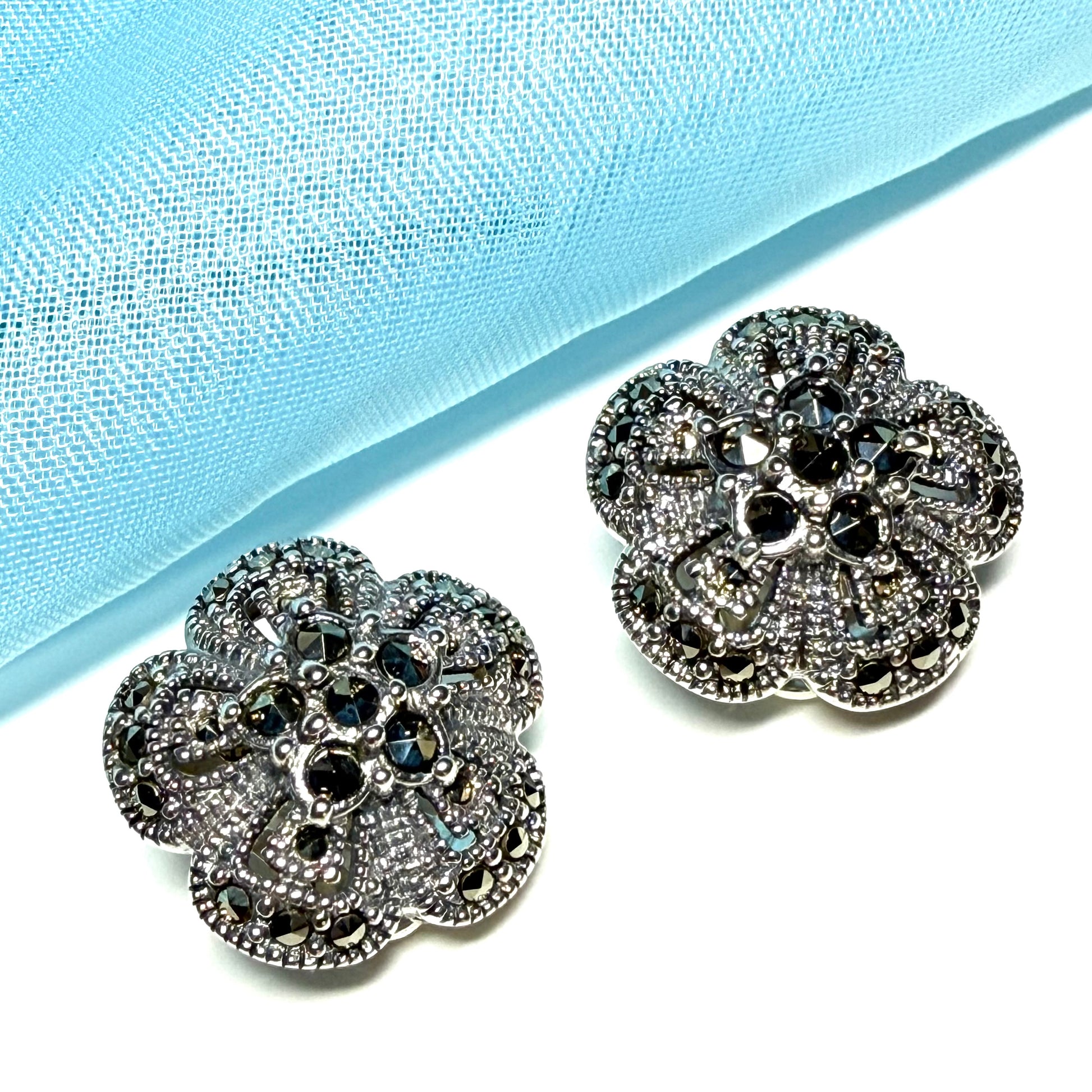Round clip on earrings with marcasite sterling silver