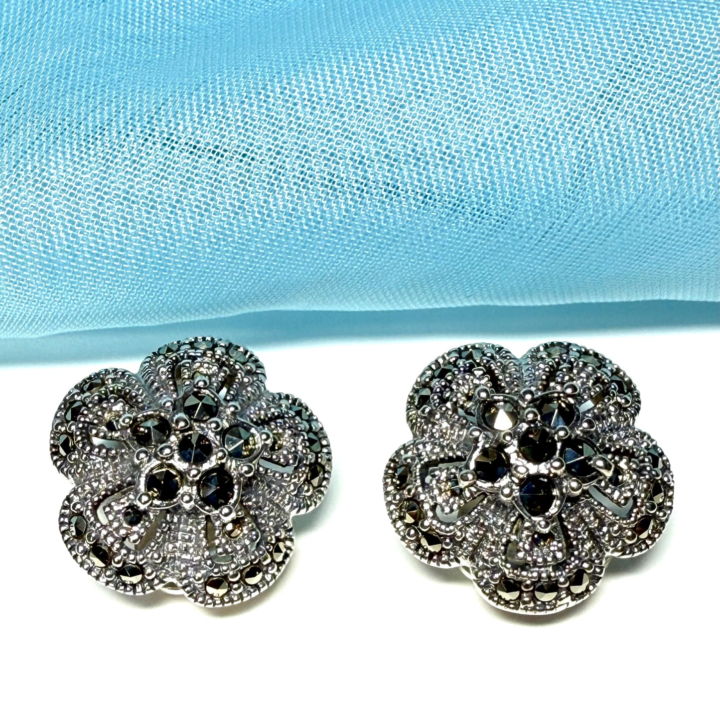 Round clip on earrings with marcasite sterling silver