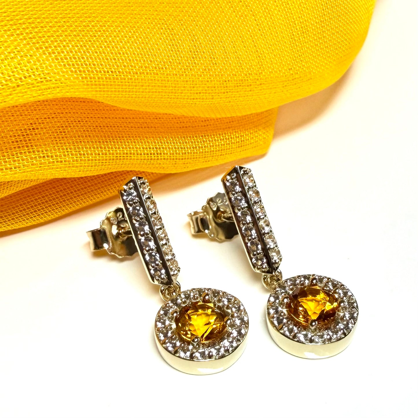Round cluster round shaped drop earrings with a real citrine stone sterling silver gilt
