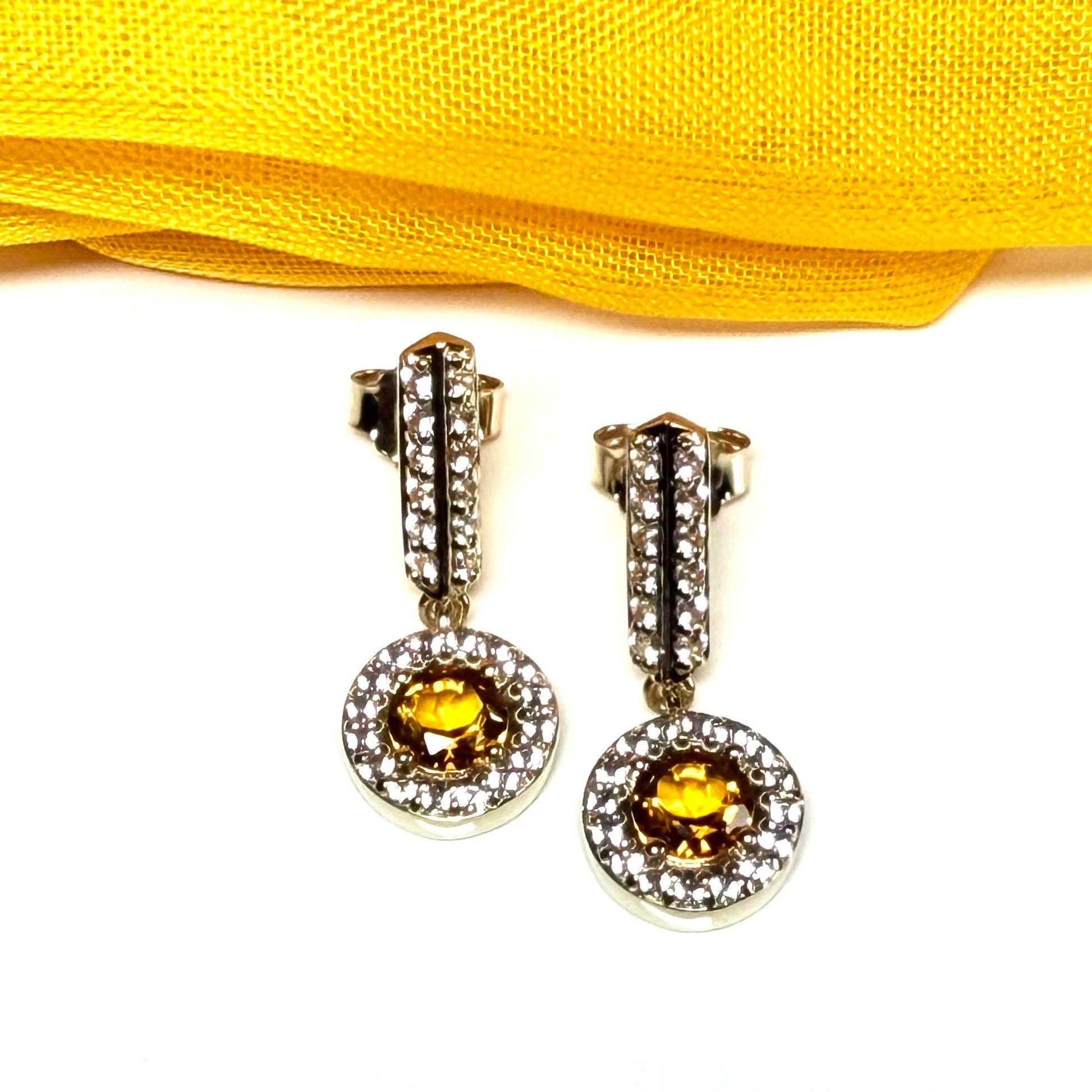 Round cluster round shaped drop earrings with a real citrine stone sterling silver gilt