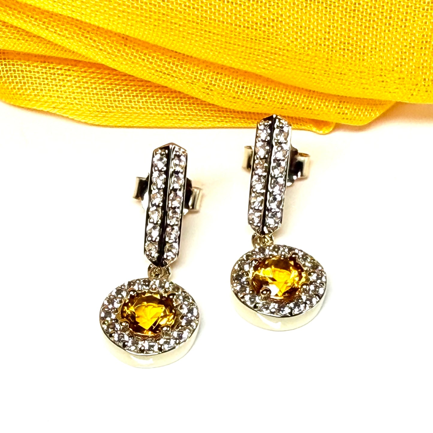 Round cluster round shaped drop earrings with a real citrine stone sterling silver gilt
