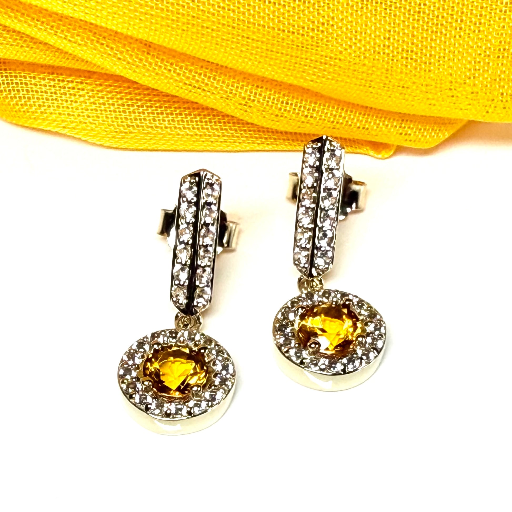 Round cluster round shaped drop earrings with a real citrine stone sterling silver gilt