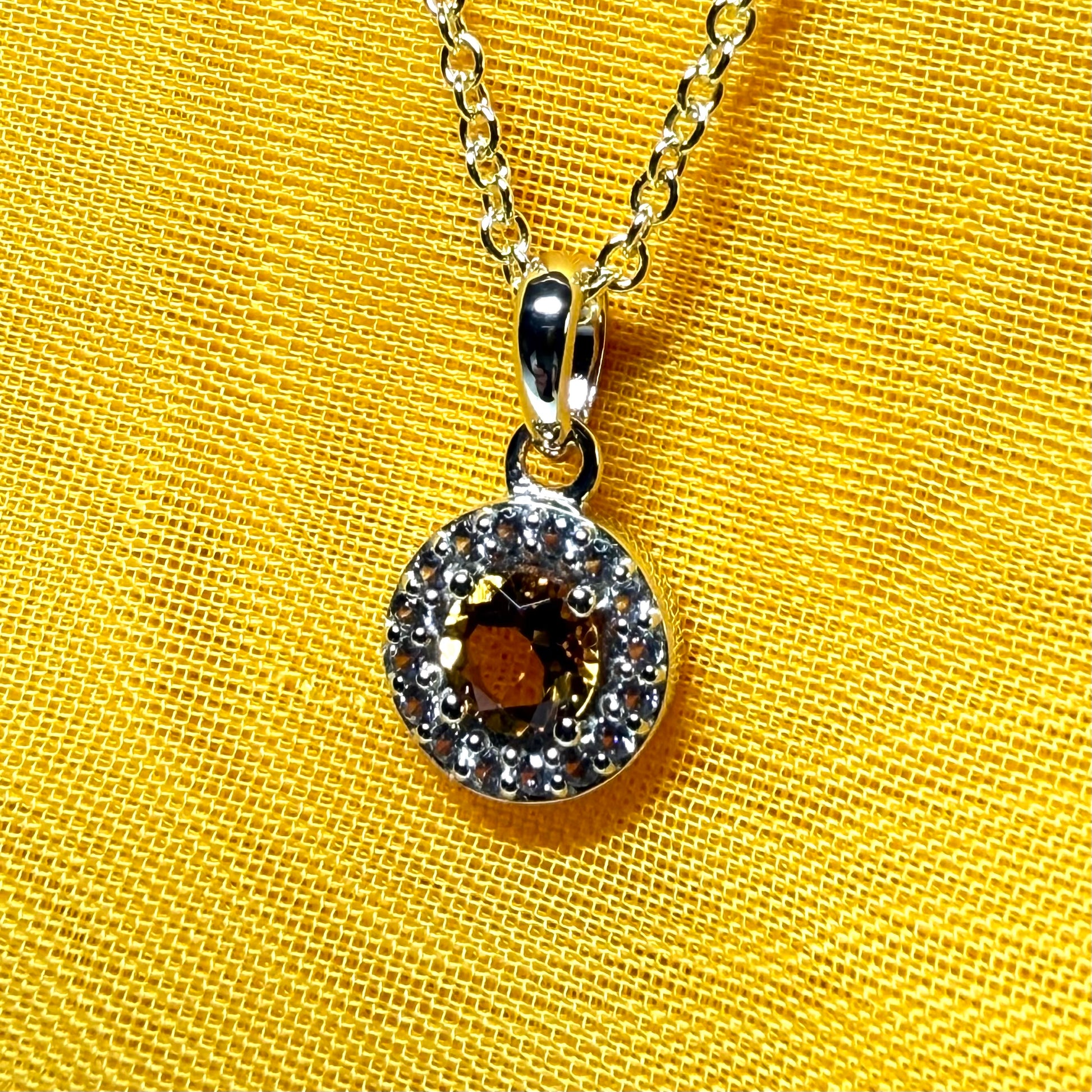 Round cluster shaped necklace set with a real citrine stone sterling silver gilt including chain