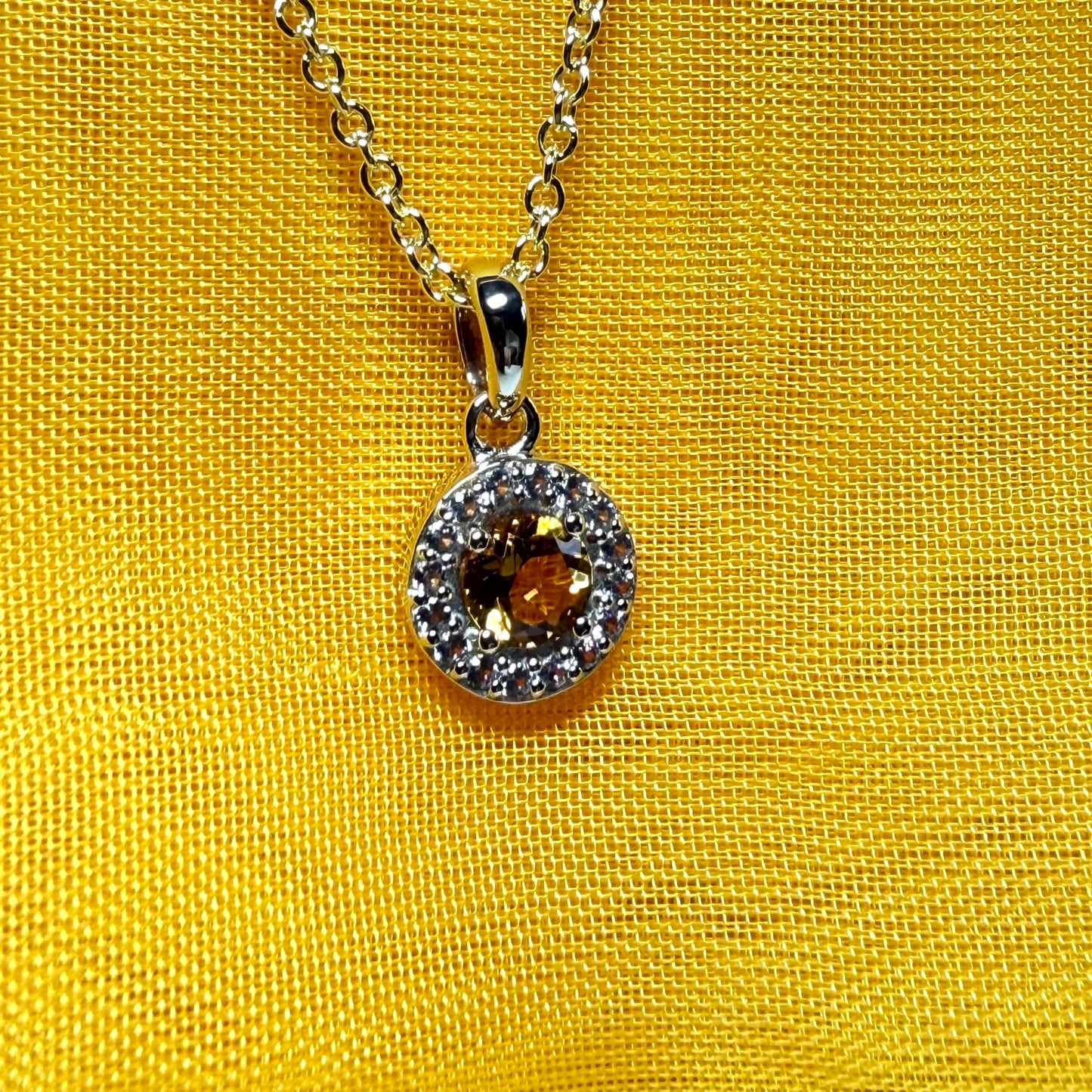 Round cluster shaped necklace set with a real citrine stone sterling silver gilt including chain