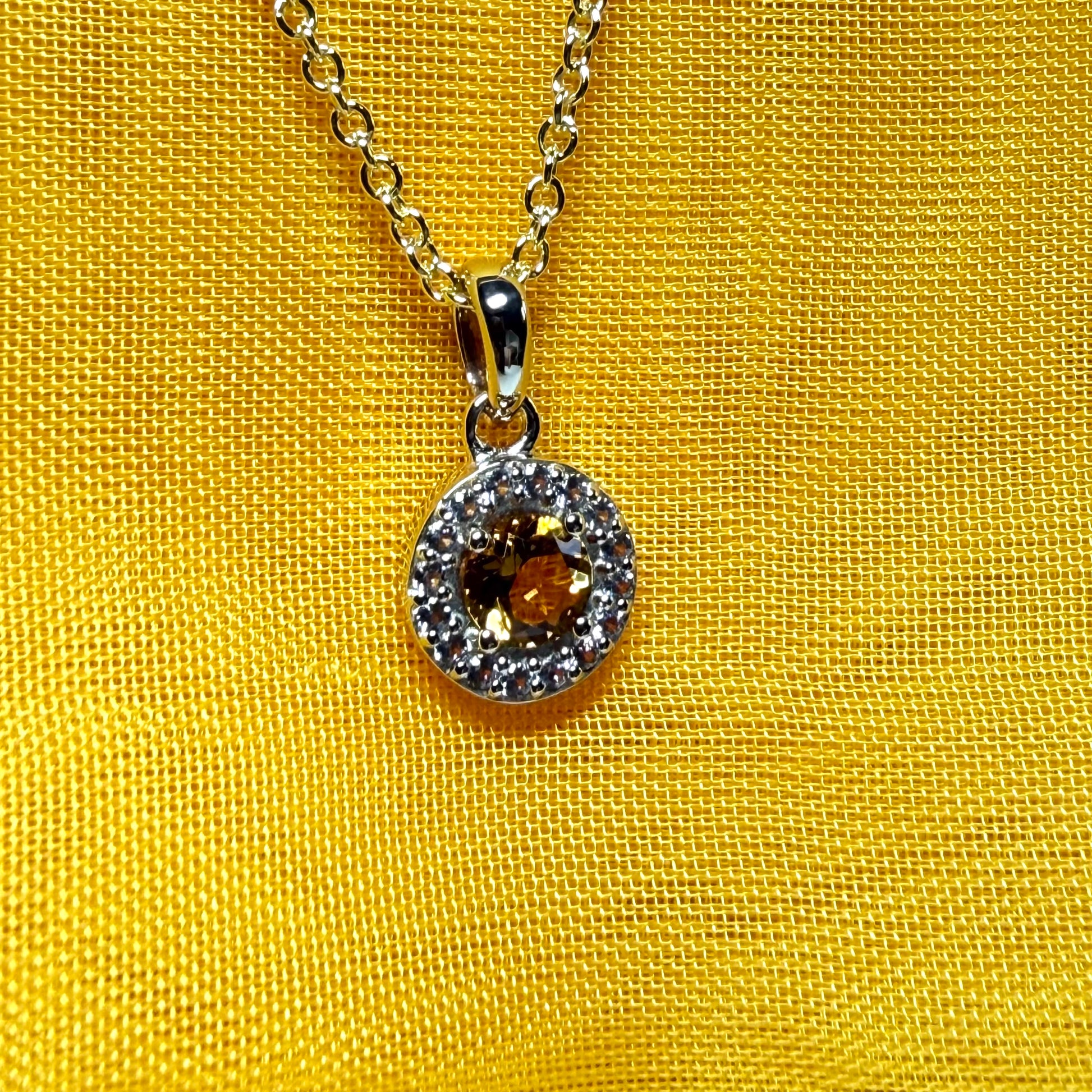 Round cluster shaped necklace set with a real citrine stone sterling silver gilt including chain