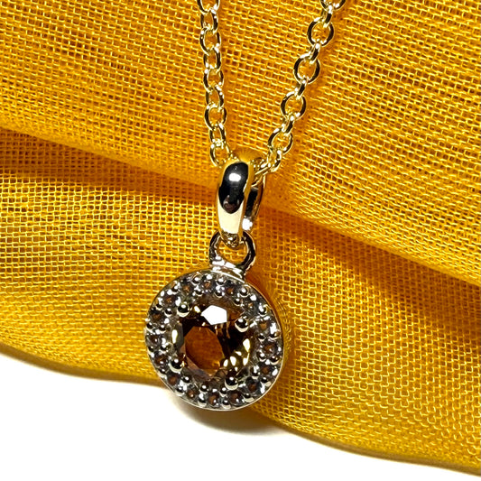 Round cluster shaped necklace set with a real citrine stone sterling silver gilt including chain