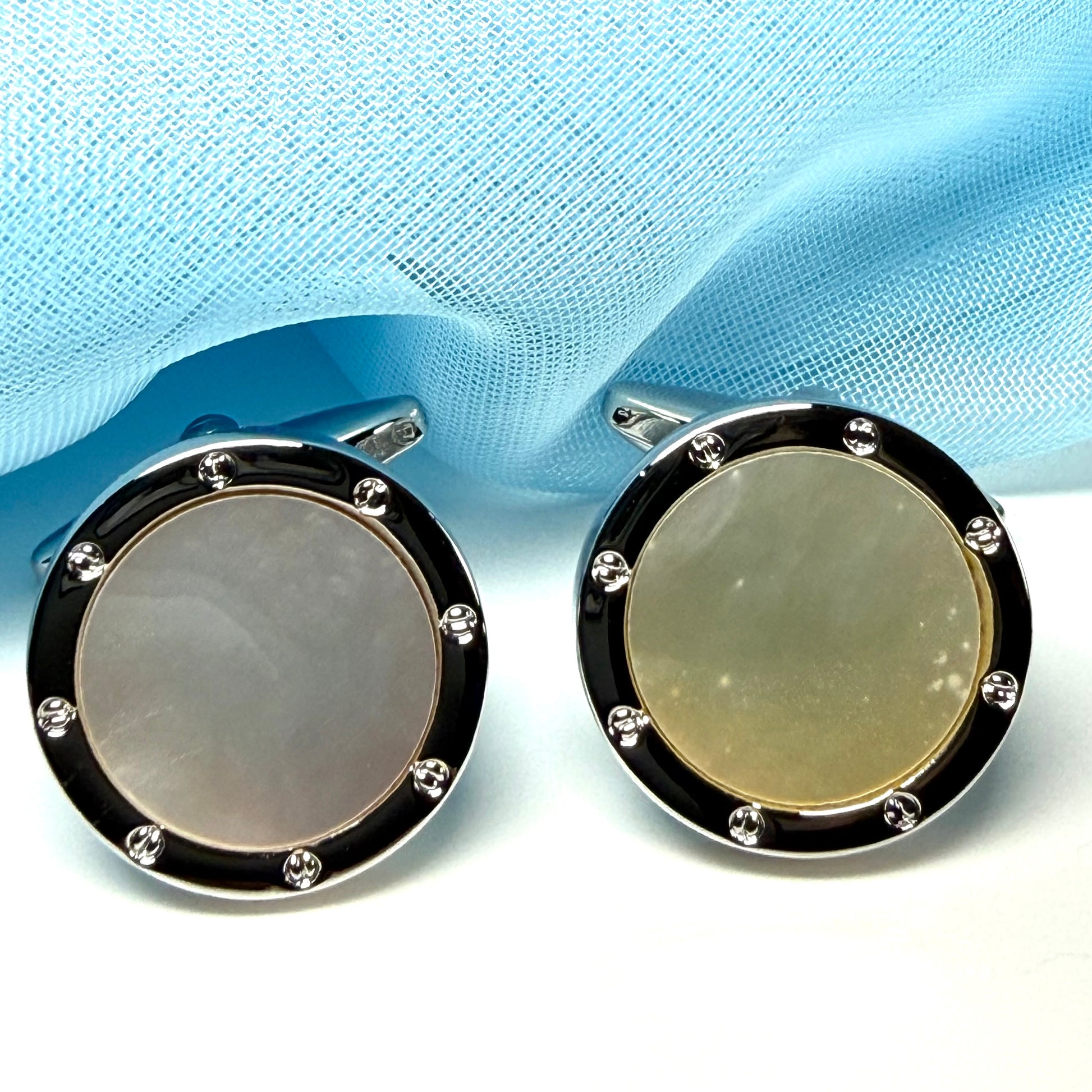 Round cufflinks real Mother of Pearl silver plated