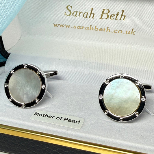 Round cufflinks real Mother of Pearl silver plated
