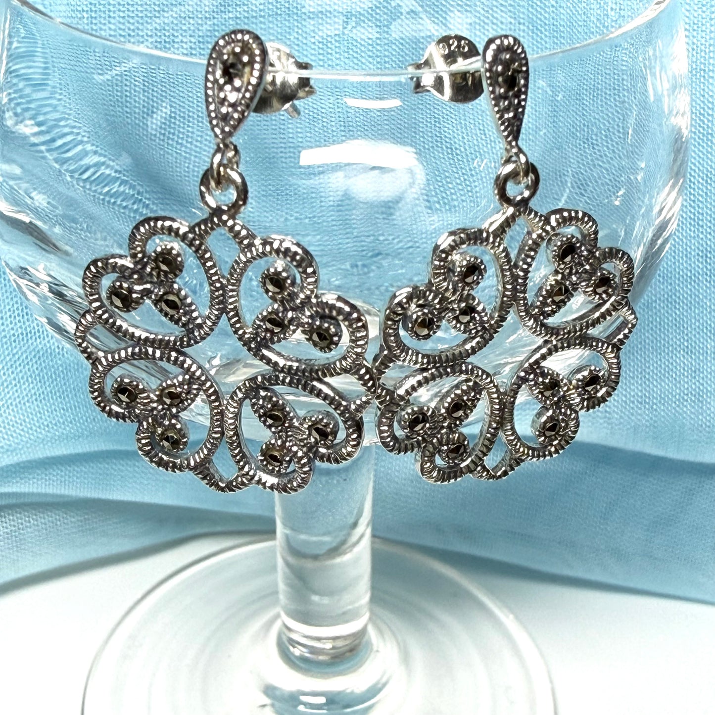 Round marcasite sterling silver round fancy drop earrings