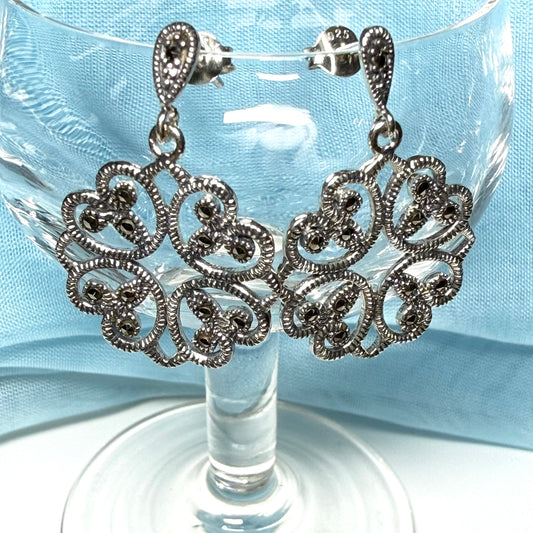 Round marcasite sterling silver round fancy drop earrings