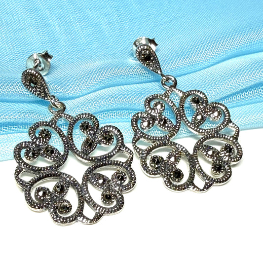 Round marcasite sterling silver round fancy drop earrings