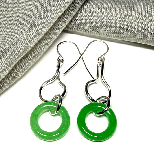 Round real green jade sterling silver dangling dropped earrings