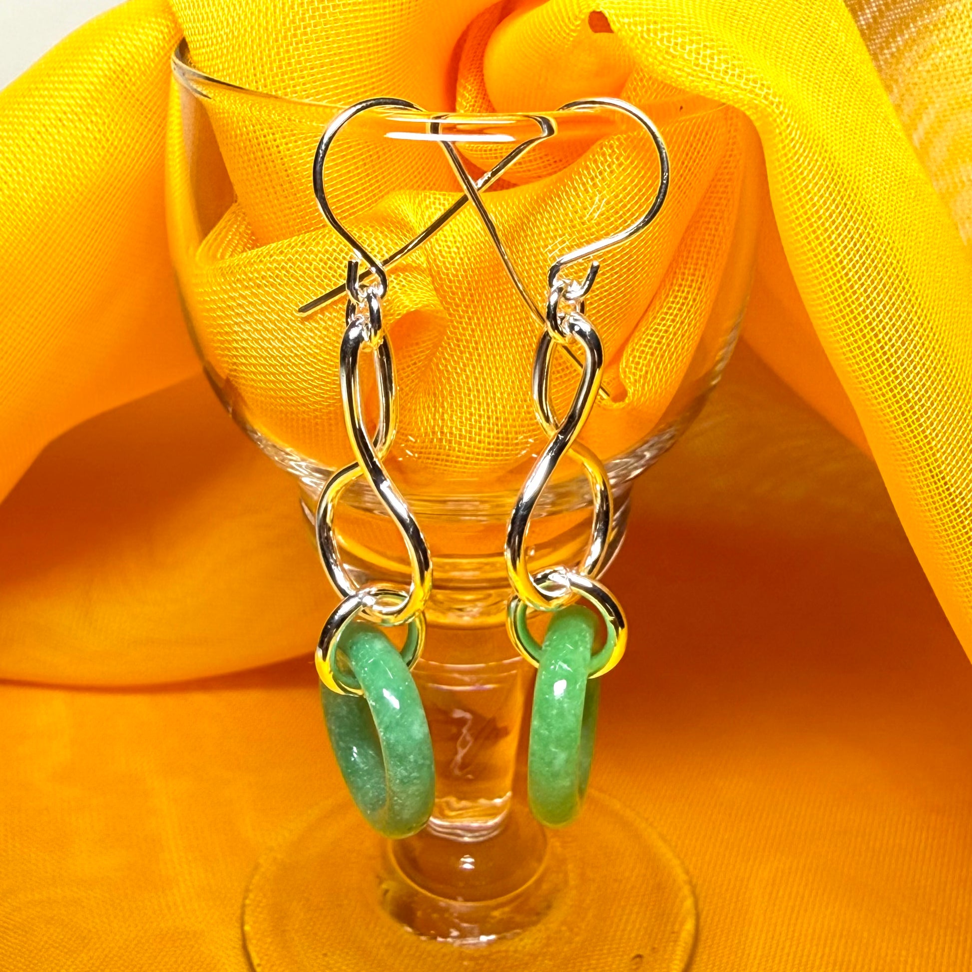 A round real green jade sterling silver dangling dropped earrings, simply gorgeous pair of earrings
