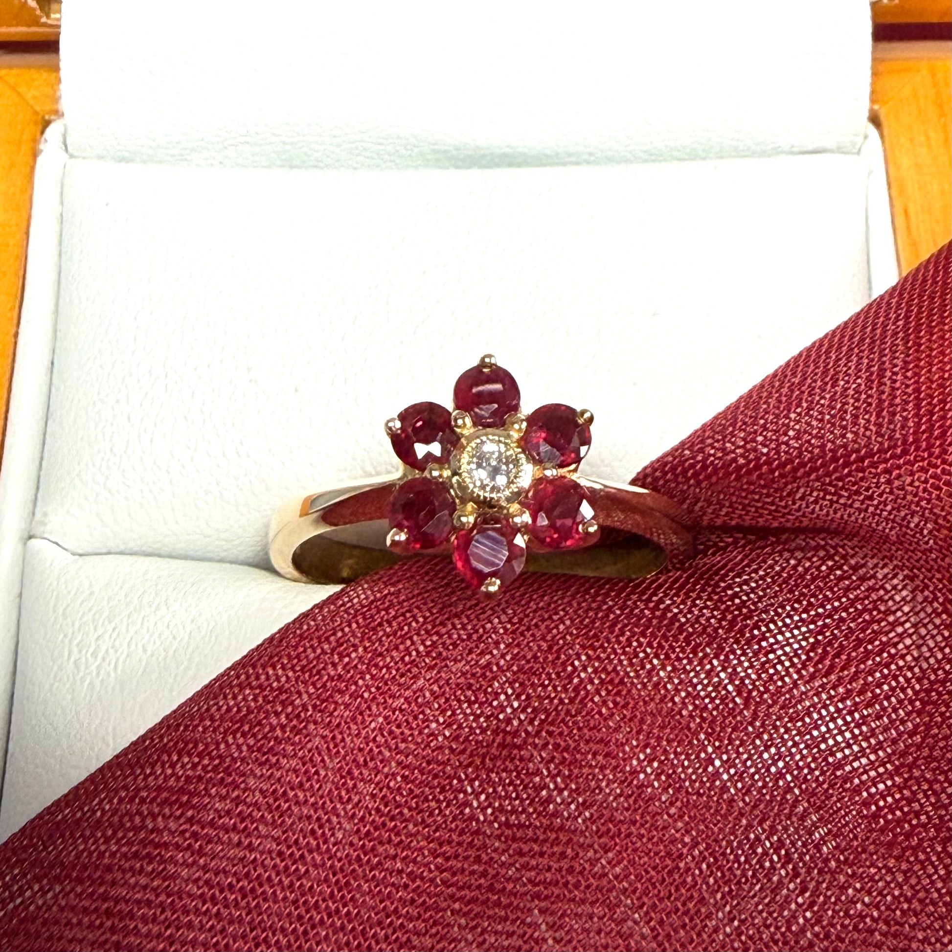 Round red real ruby and real diamond yellow gold cluster ring