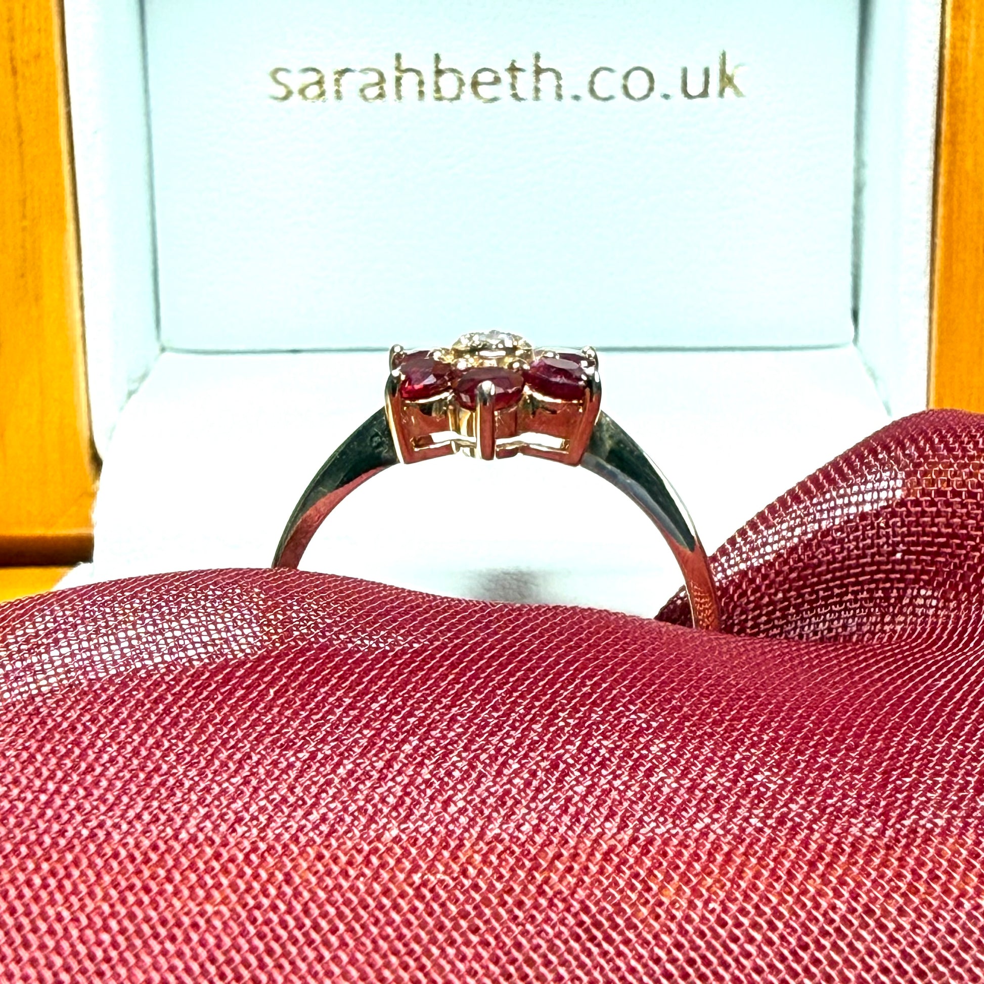 Round red real ruby and real diamond yellow gold cluster ring