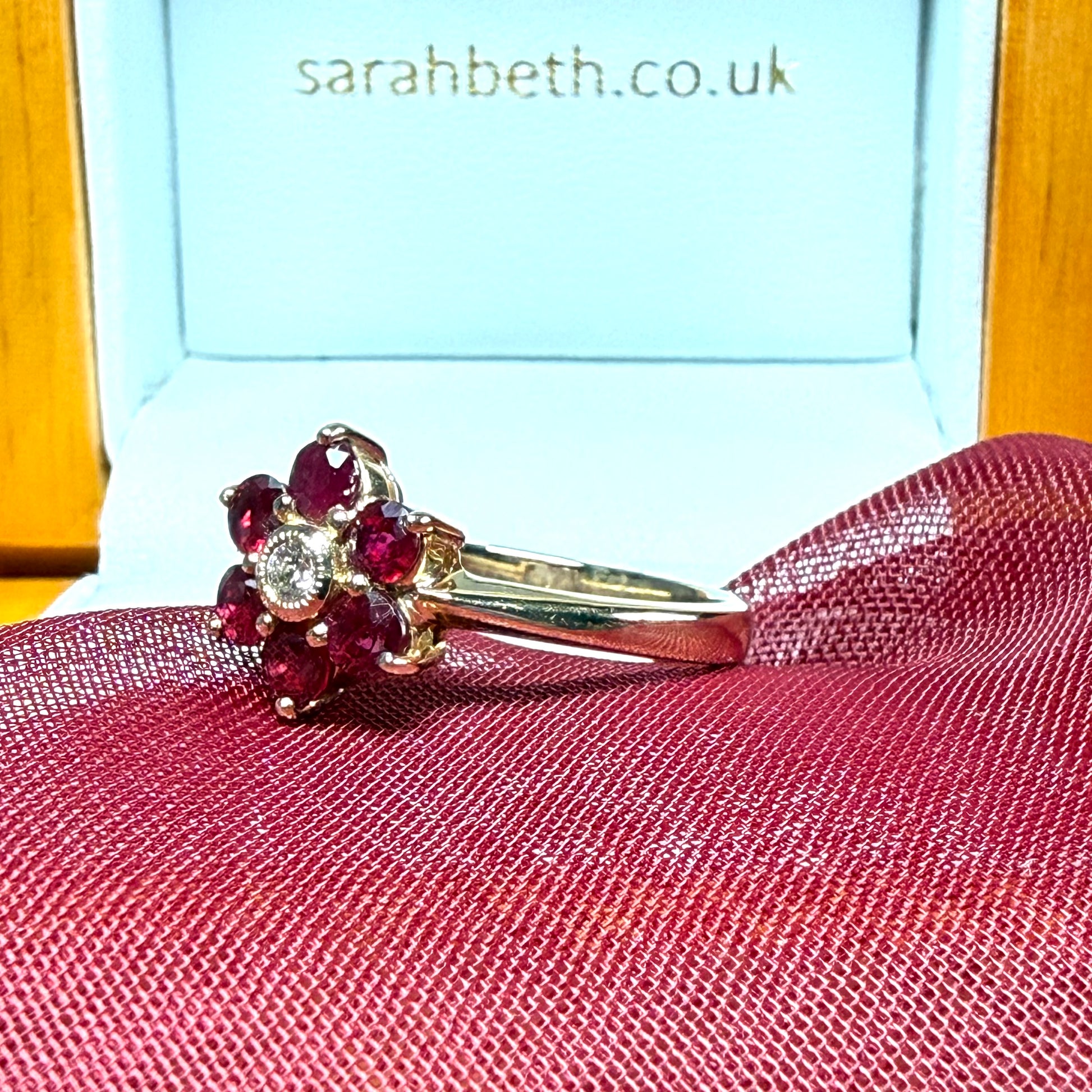 Round red real ruby and real diamond yellow gold cluster ring