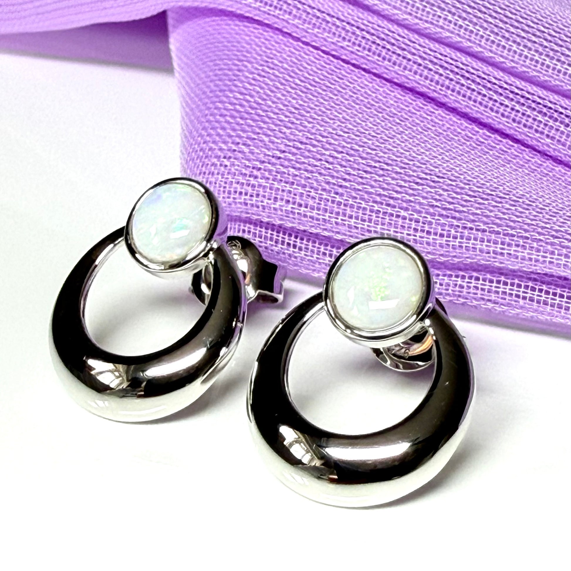 Round shape real opal stud dropped earrings sterling silver