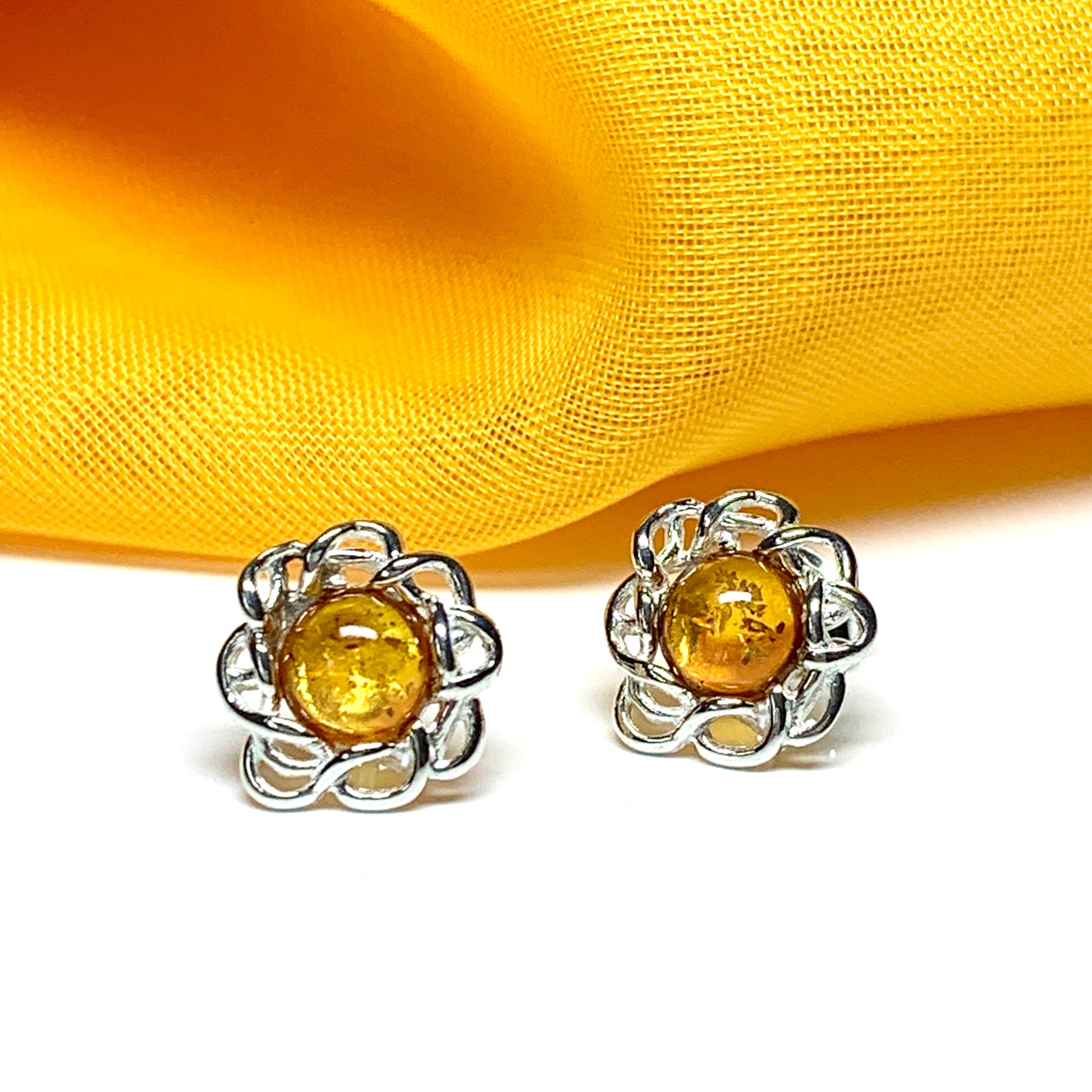 Round sterling silver real amber stud earrings