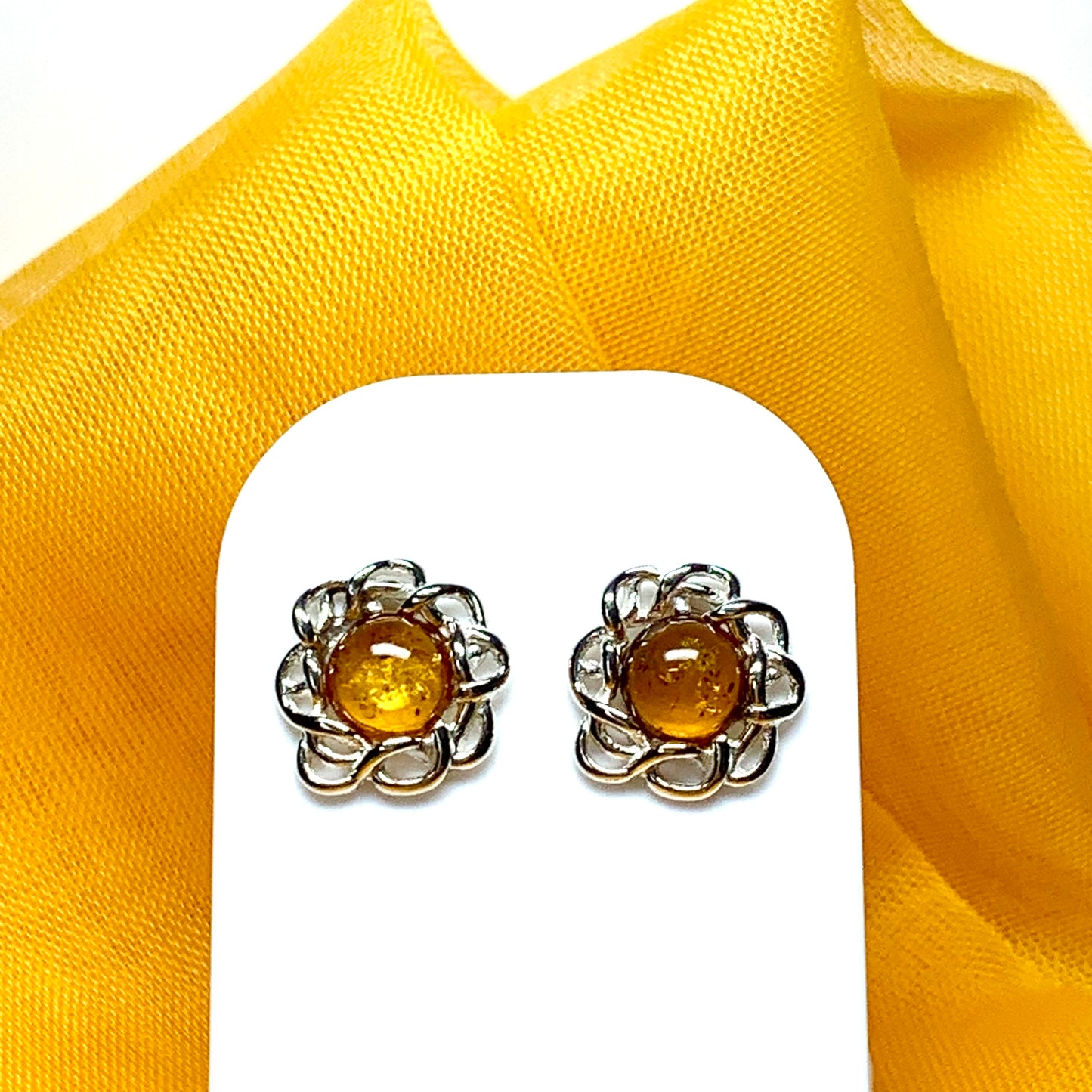 Round sterling silver real amber stud earrings