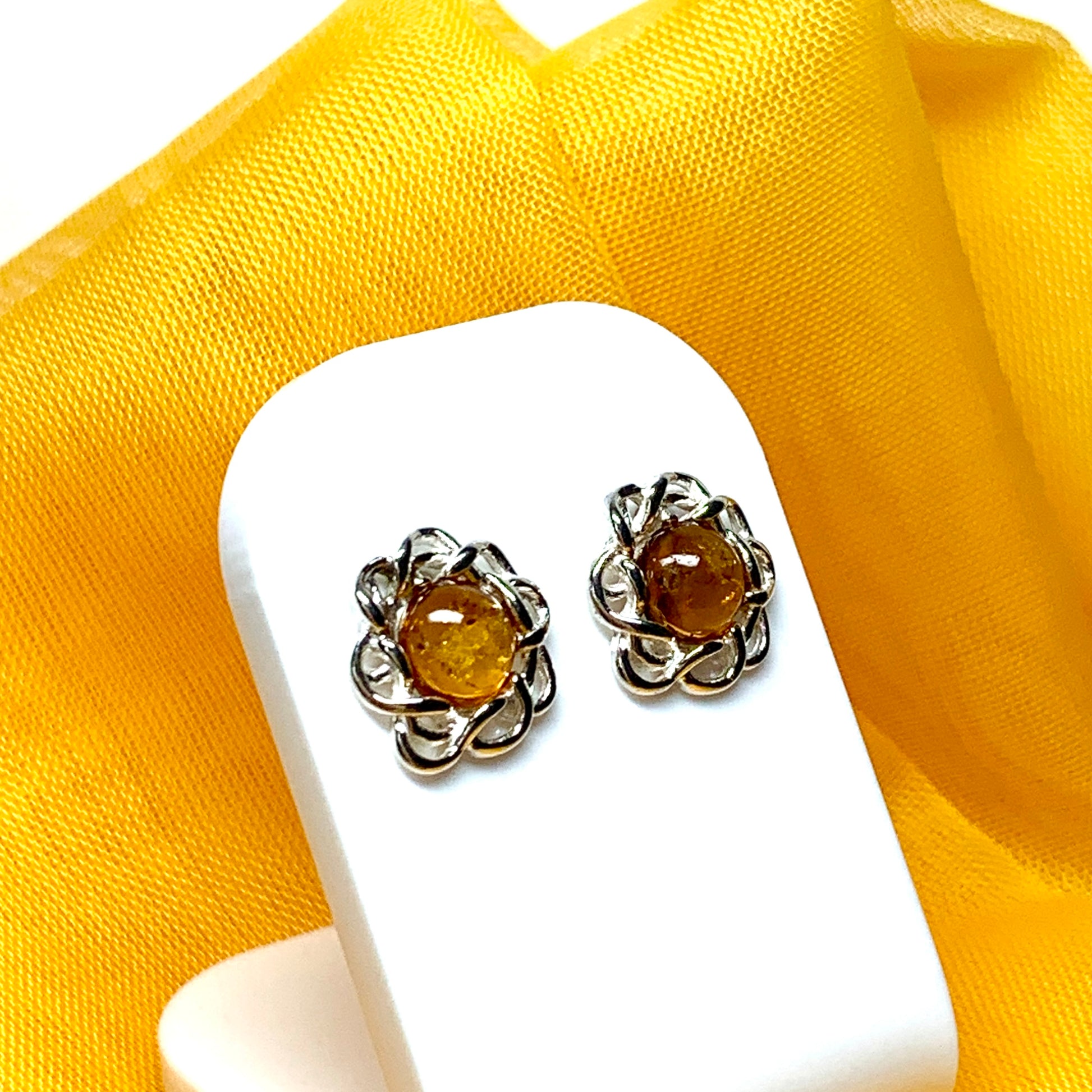 Round sterling silver real amber stud earrings