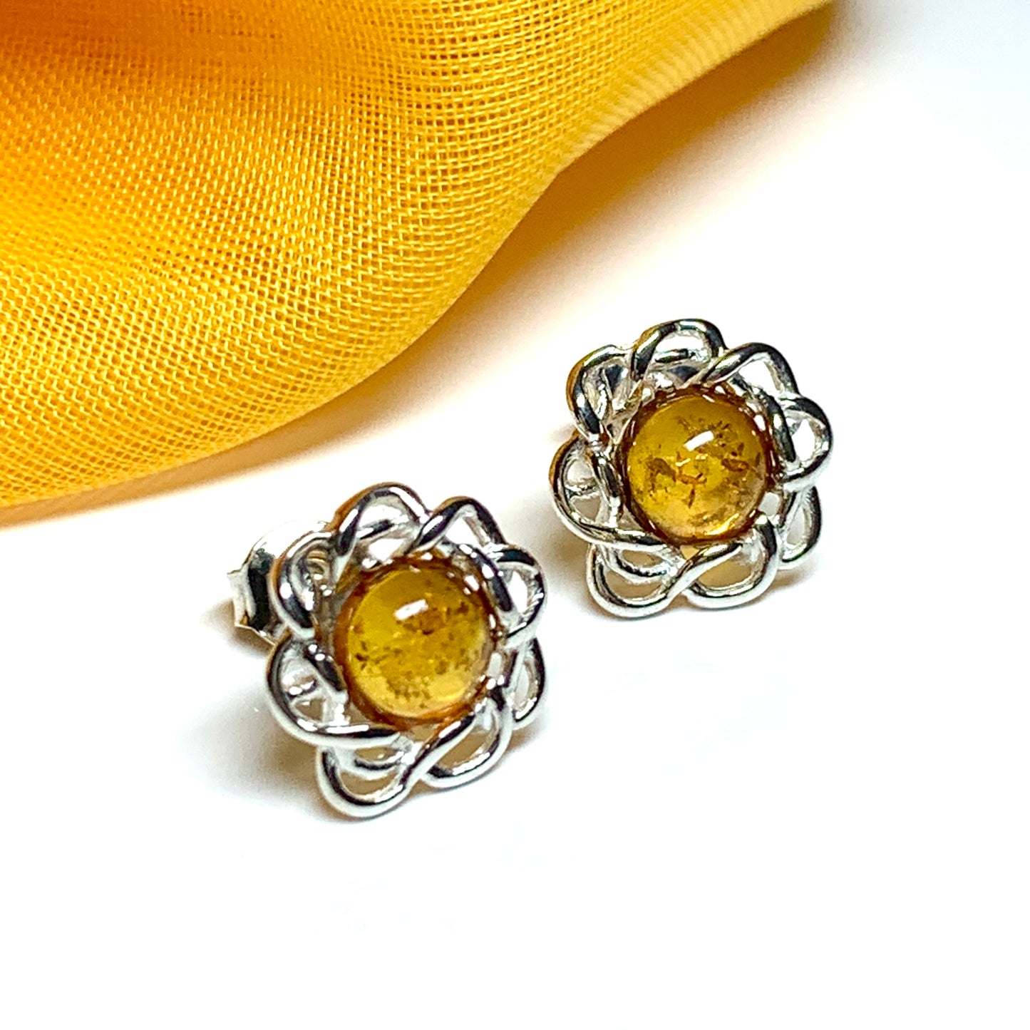 Round sterling silver real amber stud earrings