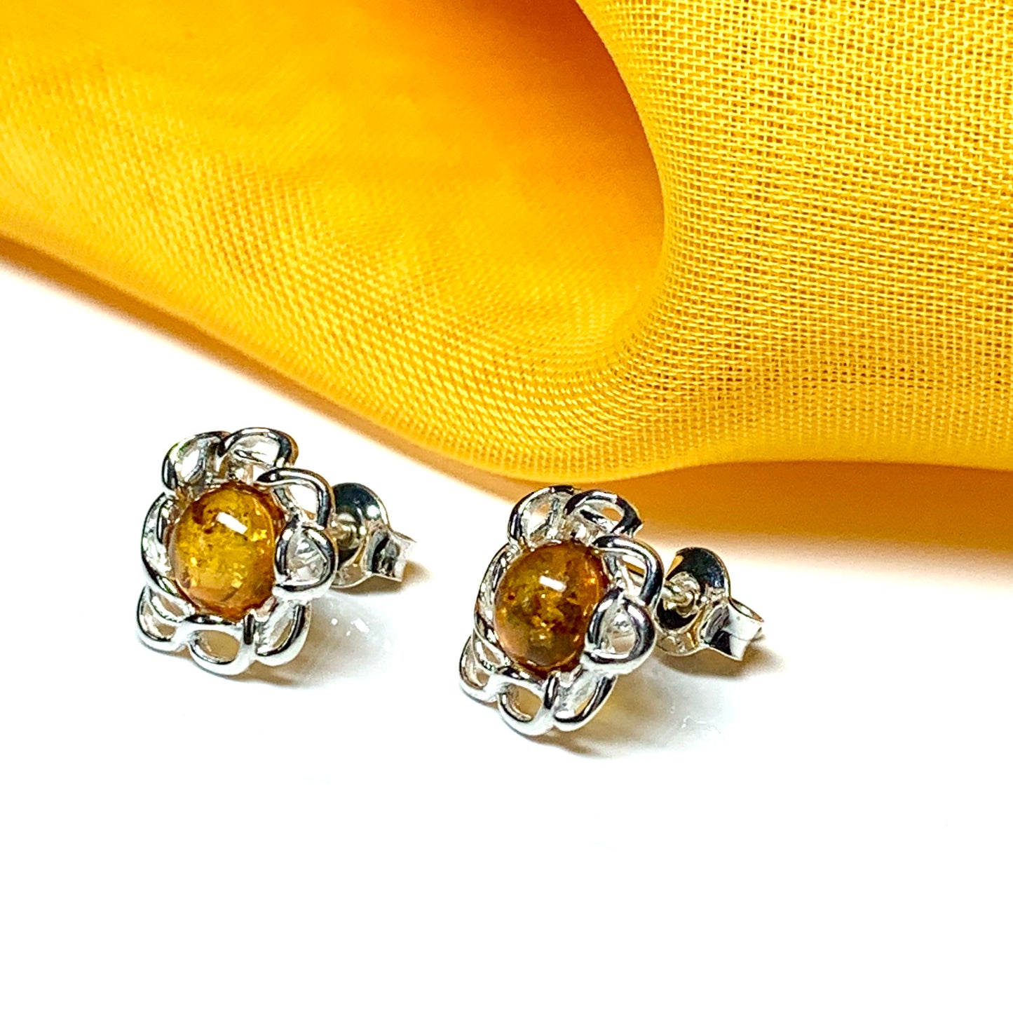 Round sterling silver real amber stud earrings