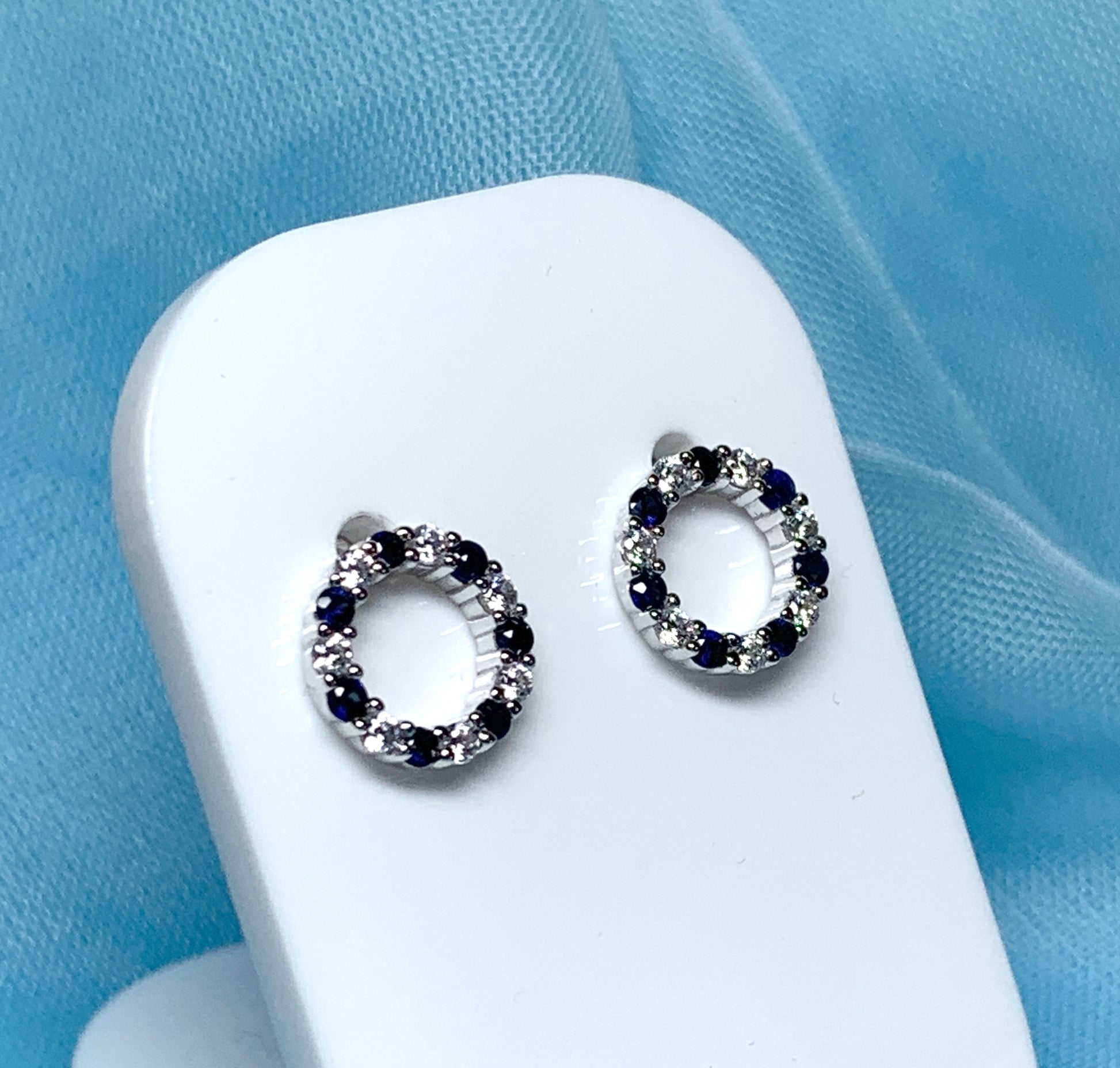 Round blue real sapphire and cubic zirconia sterling silver stud earrings