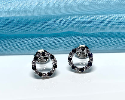 Round blue real sapphire and cubic zirconia sterling silver stud earrings