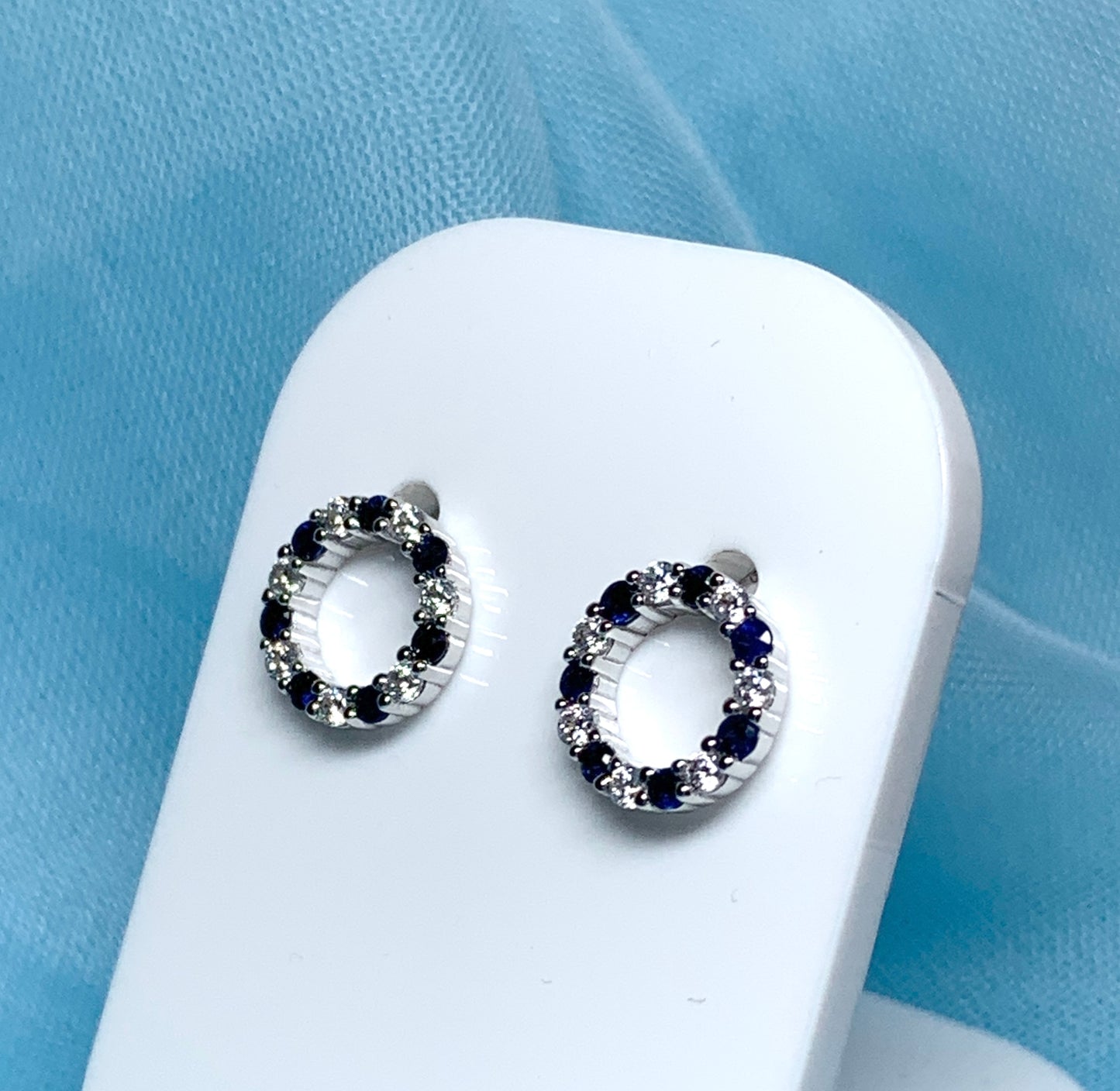 Round blue real sapphire and cubic zirconia sterling silver stud earrings