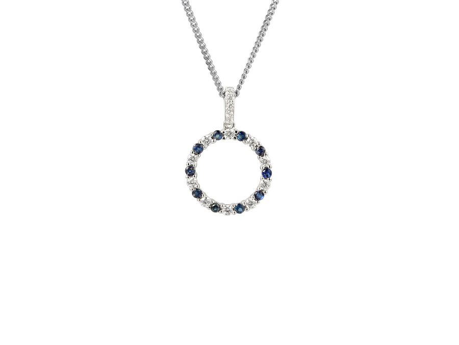 Round blue sapphire and cubic zirconia sterling silver necklace pendent