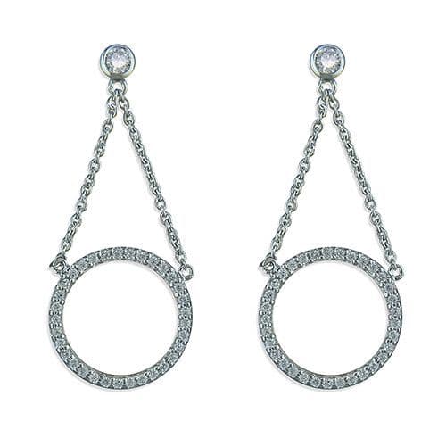 Round circle shaped cubic zirconia silver drop earrings