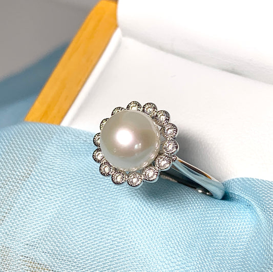 Round cultured freshwater pearl cubic zirconia round cluster ring sterling silver