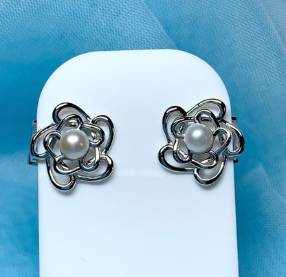 Round flower real freshwater cultured pearl clip on earrings sterling silver