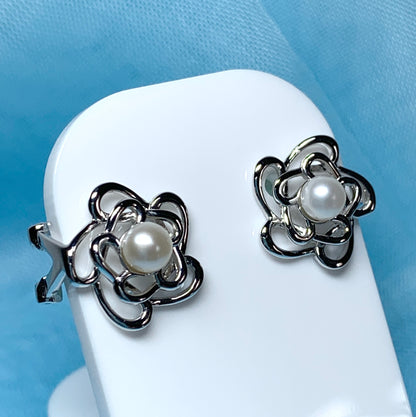 Round flower real freshwater cultured pearl clip on earrings sterling silver